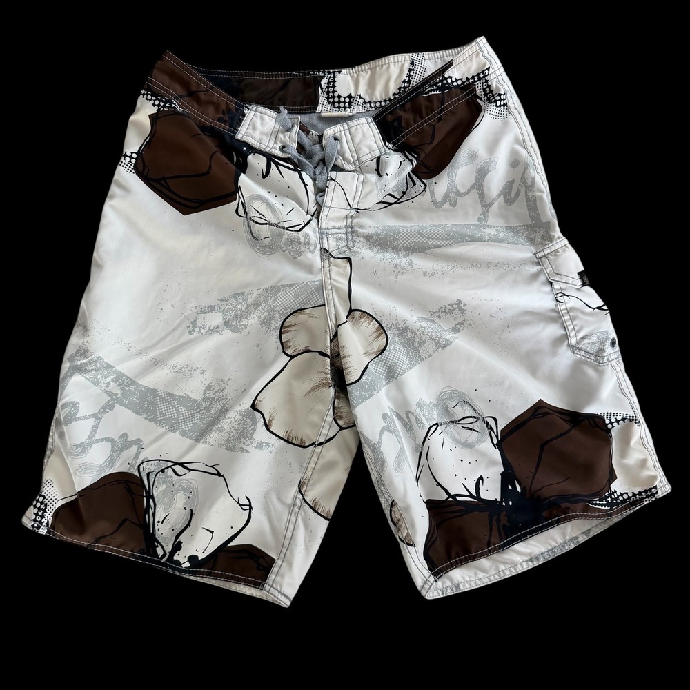 Quiksilver Mens Hawaii Board Shorts White Brown Blue Hibiscus Size 32 U101116‎